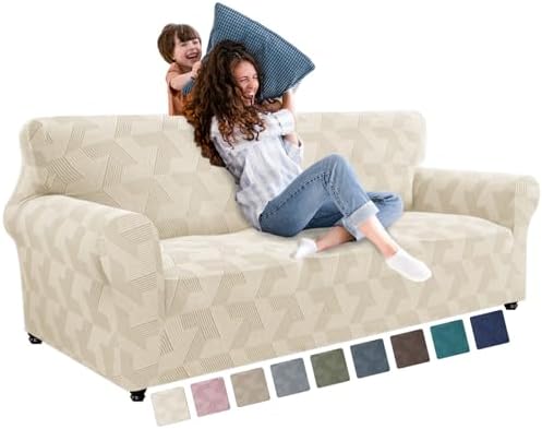 JIVINER 1 Piece Couch Cover for 3 Cushion Couch, High Stretch Sofa Covers with Elastic Bottom, Washable Sofa Slipcovers for Dog, Pets Feature Geometrical Jacquard Fabric (Sofa, Beige)