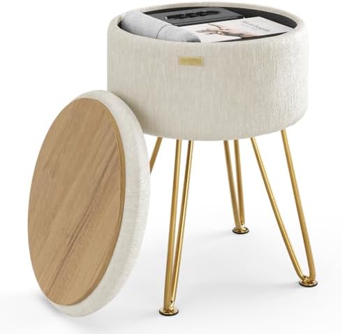 Round Ottoman with Storage, Textured Velvet Storage Ottoman, Foot Stool Ottomans, Makeup Vanity Stool, Small Ottomans Foot Rest, Modern Vanity Stools for Living Room and Bedroom, Cream
