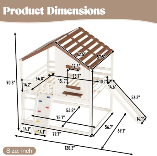 Full Size House Bunk Bed with Convertible Slide & Ladder, Beige