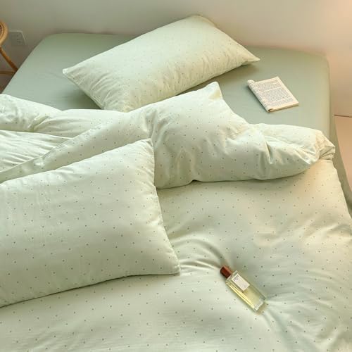 Polka Dot Duvet King Cover Green Boho Comforter Cover King Size Cotton Double Gauze Cutecore Pattern Duvet Cover Set with Zipper Chic Cozy Bedding Set for Girls Duvet Protector