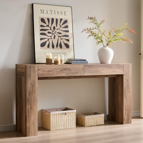 OKD 63" Console Table with Drawers, Thick Block Entryway Table, Rustic Oak