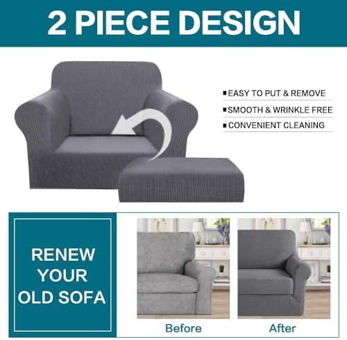 Turquoize 2 Piece Chair Covers Chair Slipcovers for Living Room Small Armchair Chair Cover with Arms Washable Furniture Cover for Chairs Feature Thick Jacquard Fabric (Small Armchair, Charcoal Gray)