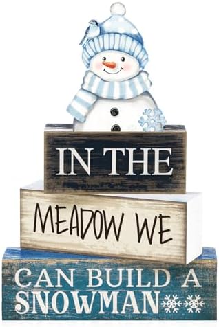 Yuntau 4 Pcs Winter Table Decoration Blue Snowman Decor Wooden Block Sign