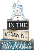Yuntau 4 Pcs Winter Table Decoration Blue Snowman Decor Wooden Block Sign