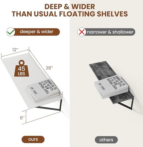 Heimlove 28W x 12D Deep Floating Shelves Set of 2 White