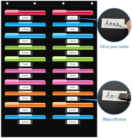 20 Pockets File Storage Pocket Chart with 20 Nametag Pockets, Hanging Wall File Organizer for Classroom and Office, Organize Your Assignments, Files, Scrapbooks, Paper (Black-20 Pockets)