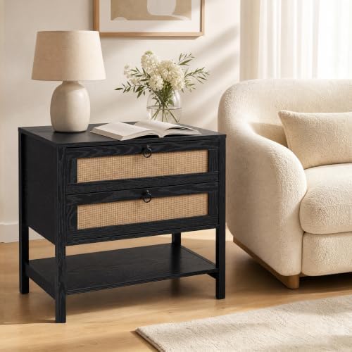 GIANTEX Rattan Nightstand Set 2 with 2 Drawers, 27" Wide Boho Bedside Table