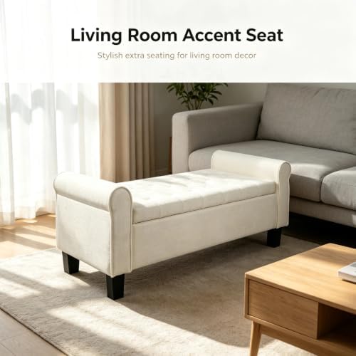 51 Inch White Linen Storage Ottoman Bench with Rolled Armrests