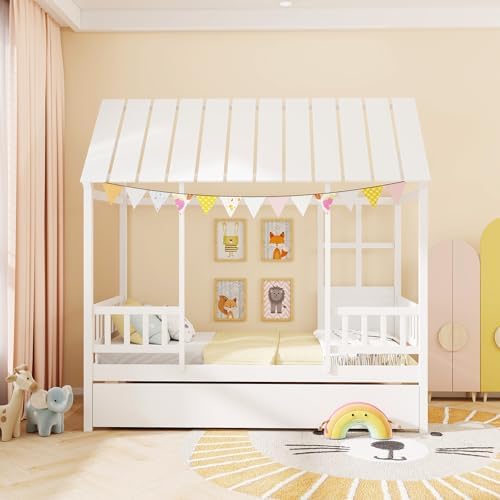 GIANTEX Twin House Bed with Trundle Bed Twin, Wooden Montessori Bed Frame with Roof & Safety Guardrail for Kids, Teens, Boys or Girls, No Box Spring Needed (White)