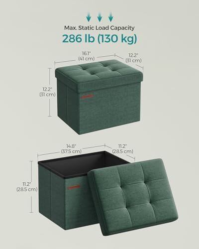 SONGMICS Mazie Collection - Small Folding Storage Ottoman, Foot Rest Stool, 12.2 x 16.1 x 12.2 Inches, 286 lb Load Capacity, for Living Room, Bedroom, Home Office, Dorm, Retro Green ULSF102C01