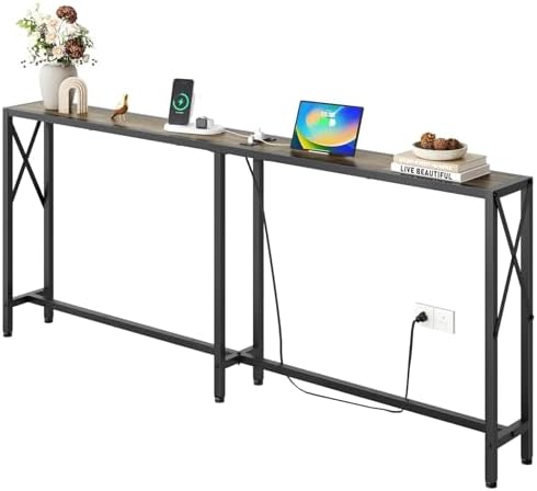 Gewudraw 70" Sofa Table Behind Couch with Socket-Narrow Console Table
