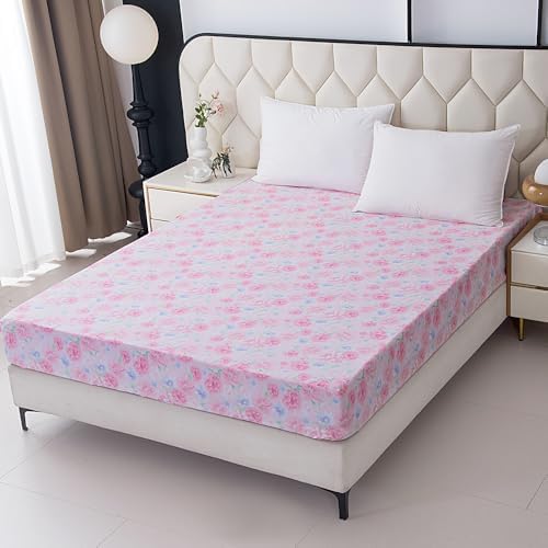 Bedding Fitted Sheet with Deep Pocket,Pink Floral Printed Fabric Bed Sheets(Pink Flower,Queen)