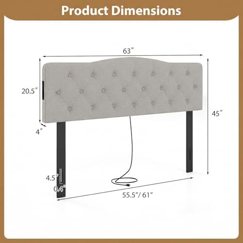 GIANTEX Headboard with Charging Station, Queen/Full Size Button Tufted Upholstered Head Board w/2 AC Outlets, USB & Type-C Ports, Rubber Wood Legs, Width Adjustable Modern Bed Headboard Only (Grey)