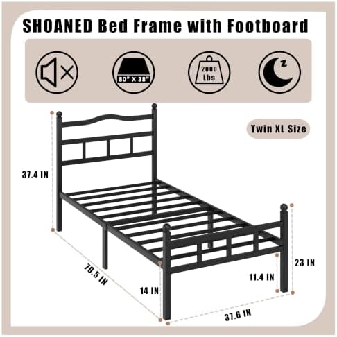 Metal Bed Frame with Headboard & Footboard - 14 Inch Twin XL Size Heavy Duty Bedframe Black Basic Steel Slats Platform No Box Spring Needed/Easy Assembly/Noise Free