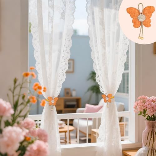 4 Pcs Cute Butterfly Curtain Holdbacks,Magnetic Curtain Tie Backs Decorative Rope for Living Room Bedroom Kitchen Bathroom Decoration (Orange)