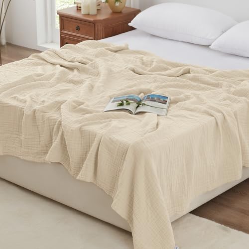 Love's cabin 100% Cotton Muslin Blanket King Size for Bed, Beige