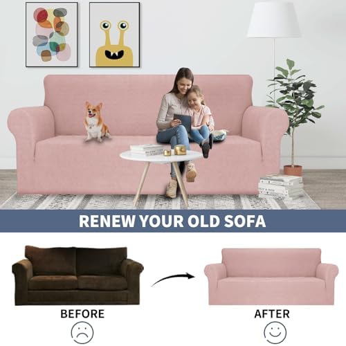 JIVINER Stretch Sofa Covers 1 Piece Couch Covers for 3 Cushion Couch Sofa, 3 Seater Sofa Slipcovers Furniture Protector with Elastic Bottom for Kids, Pets (Dusty Pink, Sofa)