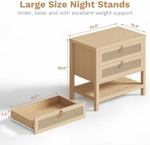Eclatara Large Rattan Night Stand Set of 2: Boho Nightstand with Drawers and Storage Shelf, Natural Oak Bedside Table End Table Side Table for Bedroom(Natural Oak,2 Pieces)