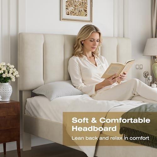VECELO Queen Size Bed Frame with Upholstered Headboard, Pale Beige
