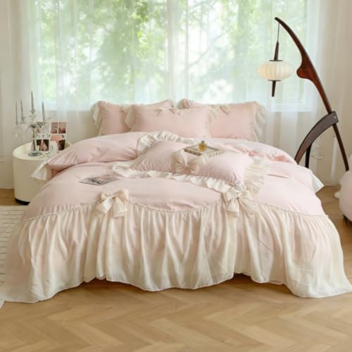 IHOUSTRIY Duvet Cover Full Size, Ruffle Beddding Set with Bowtie, 3 Pieces Comforter Cover Set with Zipper Closure, Girl Princess Bedding with Pillowcase - Light Pink, Full