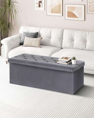 B FSOBEIIALEO Storage Ottoman Bench, 43" Velvet Ottoman With Storage, Grey
