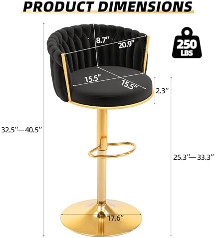 Gold Bar Stools Set of 2, Modern Adjustable Bar Height Barstools, Velvet Swivel Bar Chairs with Woven Backrest, Metal Footrest & Base, Upholstered Counter Stools for Kitchen Island, Black