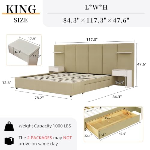 King Size Bed Frame with Storage & Built-in Nightstands & Drawers, Stone