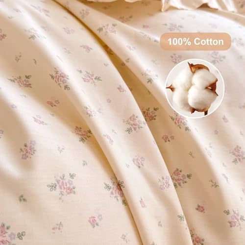 Pink Floral Duvet Cover Set 3 Pcs,100% Cotton Twin Size Duvet Cover with 2 Pillowcases,Aesthetic Rustic Cute Bedding Set with Ruffles for Teen Girls,Comforter Cover with Ties 68"×86"