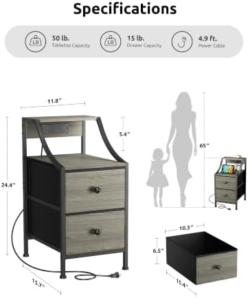 Lazzanto Narrow Nightstand with Charging Station for Bedroom, Dorm