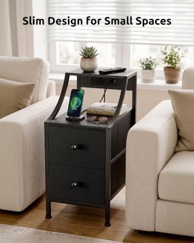 Lazzanto Narrow Nightstand with Charging Station for Bedroom, Black