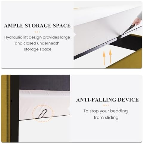 SHA CERLIN King Size Lift Up Hydraulic Storage Bed Frame Olive Yellow