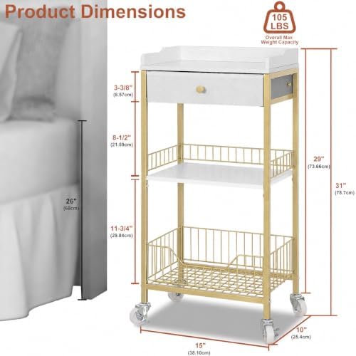 Gold Side Table, Narrow Side Table with Drawer, Gold & White