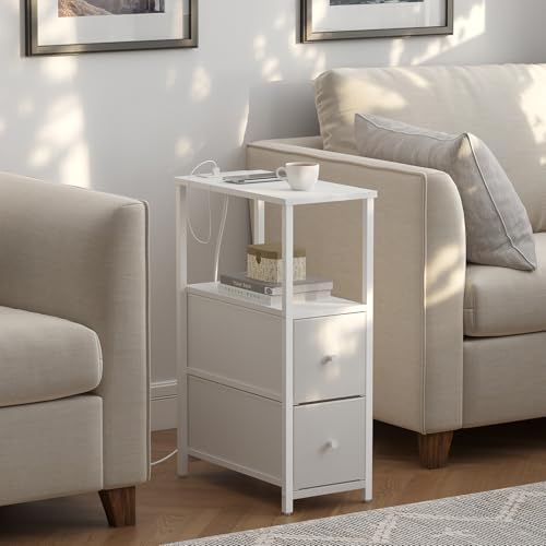 TUTOTAK Narrow End Table with Charging Station, Skinny Side Table