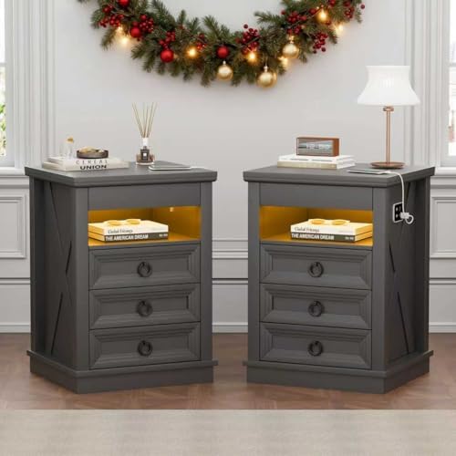 Farmhouse Nightstand Set 2 with Gun Drawer,Bedside Table with Charging Station and Human Body Senor,3 LED Lights Night Stand with 3 Drawers and Open Shelf,End Side Table for Bedroom(Grey)