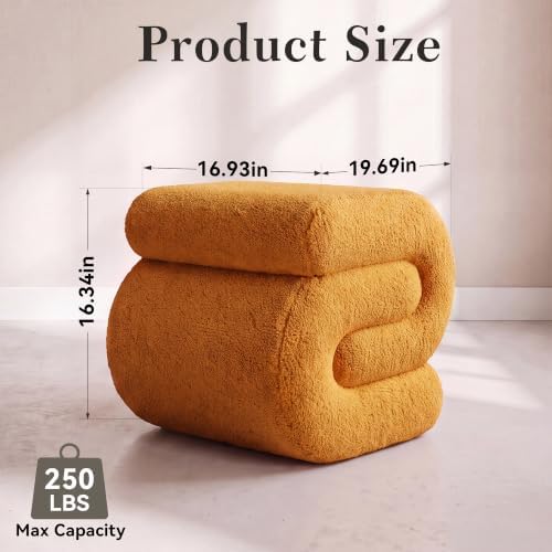 FOXHUNTER S Shape Modern Pouf Ottoman Vanity Stool, Teddy Orange