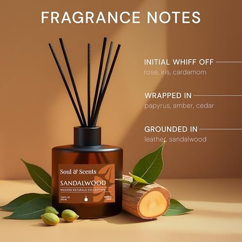 Soul & Scents 7.44 oz (220ML) Sandalwood Reed Diffuser Set with 6 Fiber Sticks|Stress Relief & Aromatherapy|Long-Lasting, Smoke-Free Air Freshener for Home, Bedroom & Office Decor|Ideal for Gifting