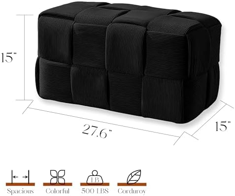 Cmishe 28" Rectangular Woven Corduroy Ottoman Footrest - Large Modern Entryway Bench & Bed End Stool, Sturdy Wood Frame, No Assembly (Black-L)