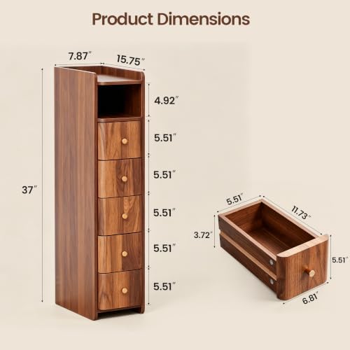 FurSch 37”H Tall 7.87”W Narrow Nightstand with 5 Drawers for lofted Dorm