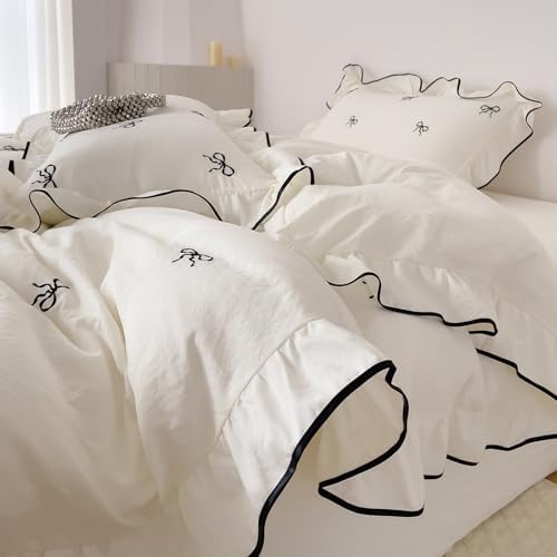 Bow Embroidery Twin Duvet Cover 3Pcs Vintage Ruffled Bedding, Zipper & Ties