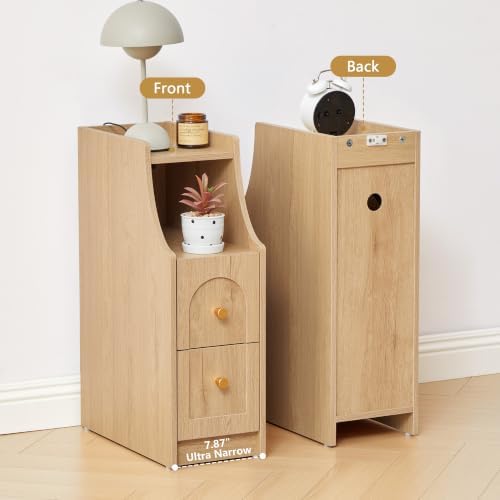 Ultra Narrow Nightstand Set of 2, Slim Bedside Table with Charging Station, 2 Drawers & Open Shelf, Mid-Century Modern End Table with Fenced Top for Living Room Bedroom (Natural, 2)