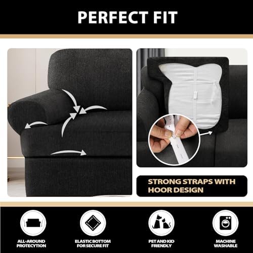 3 Pieces Sofa Covers fot T Cushion Loveseat Slipcover, Sofa Stretch Slip Covers for 2 Cushion Couch with 2 Individual T Shape Seat Covers (Black, 2 Cushion)