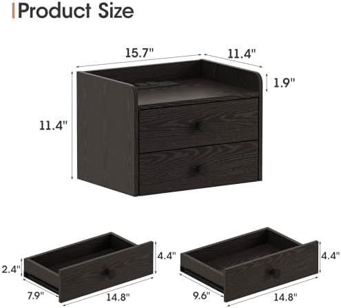 Floating Nightstand Set of 2 with 2 Storage Drawers and Charging Station