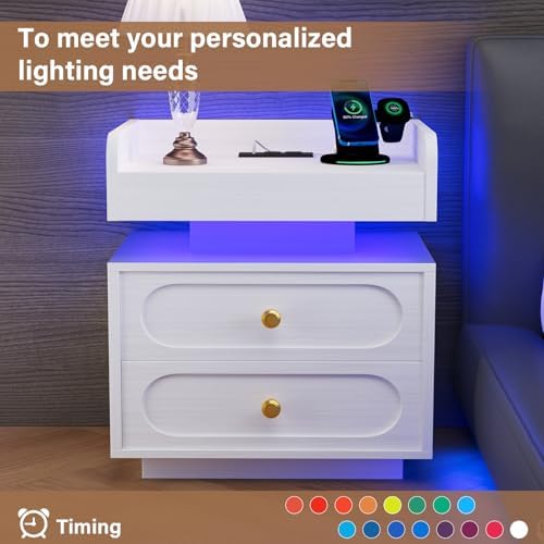 4ever2buy White Nightstand Set of 2 with Charging Station and LED Lights