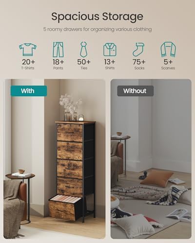 SONGMICS Dresser for Bedroom, Tall Dresser with 5 Fabric Drawers