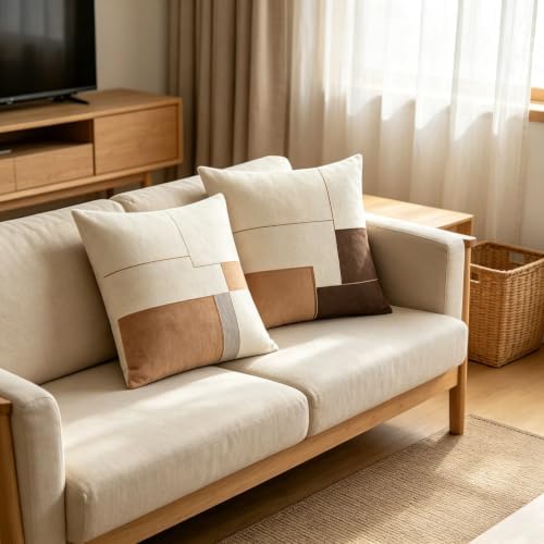 Neutral Geometric Color Block Throw Pillow Covers 18x18 Inch Set of 2