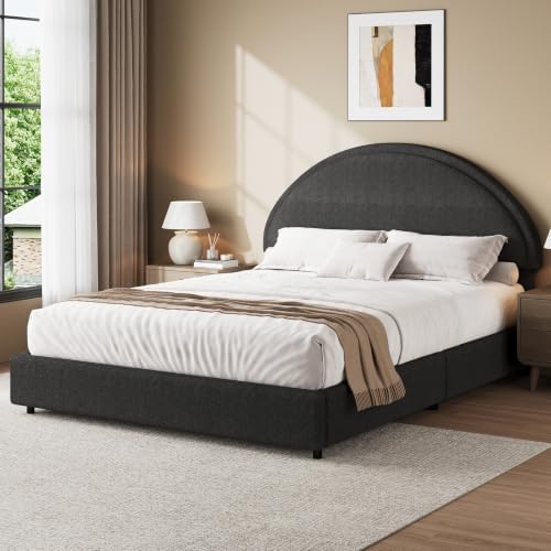 REVOMINCA Full Size Bed Frame, Upholstered Platform Bed with Headboard, Boucle Bed Frame with Round Corner, No Box Spring Required, Easy Assembly, Dark Grey