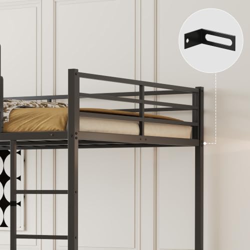 Queen Over Queen Metal Bunk Bed with Storage Shelf & USB Charging