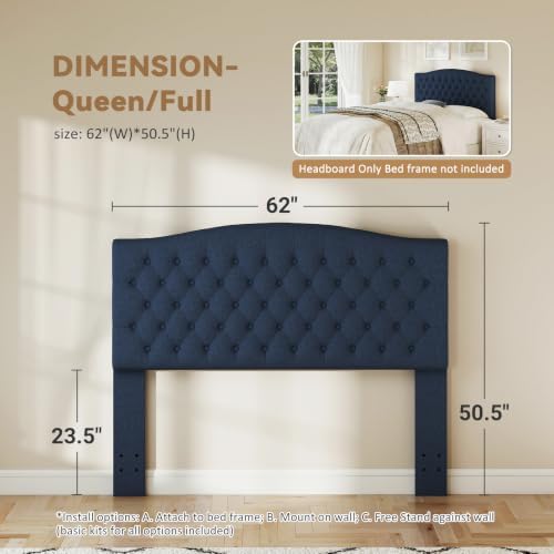 Befurtori Queen Headboard Only, Upholstered Headboard for Adjustable Bed Linen Tufted Queen/Full Size Wall Mounted Head Board with Solid Wood Legs Head Board, Navy Blue
