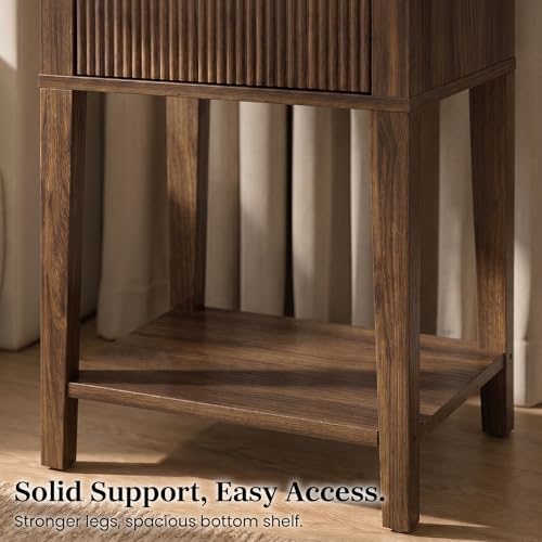Dark Walnut 15.4" Wide Small Nightstands Set of 2,Drawer Shelf,Fluted