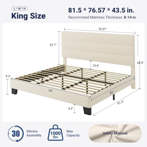 Allewie King Size Platform Bed Frame with Velvet Upholstered Headboard and Wooden Slats Support, Fully Upholstered Mattress Foundation/No Box Spring Needed/Easy Assembly, Cream